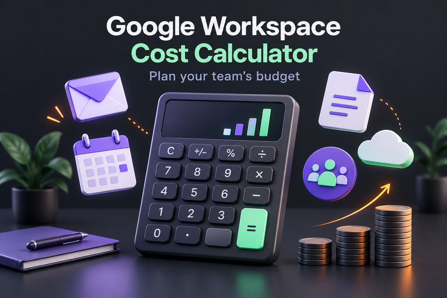 Google Workspace Pricing: Cost Calculator by Seats, Plan and Term 1 Calculator with email, calendar, cloud and team symbols for planning a Google Workspace budget.