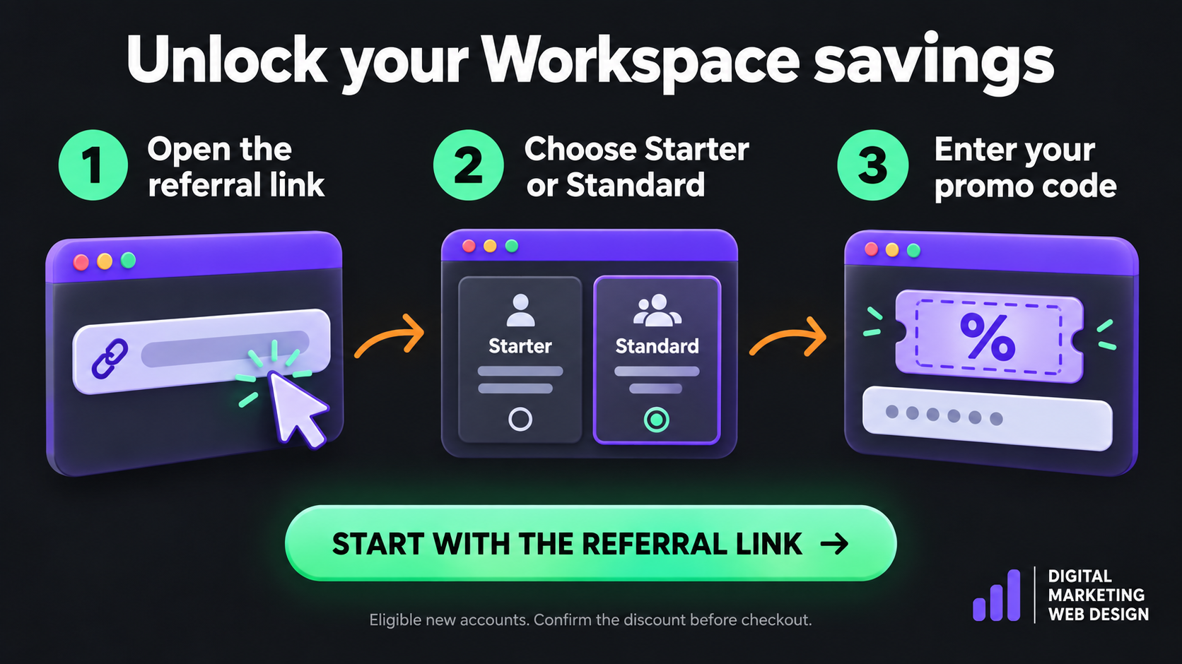 Google Workspace Promo Codes September 2026: 10% Off First Year 2 Unlock your Workspace savings: 1. Open the referral link. 2. Choose Starter or Standard. 3. Enter your promo code. Start with the referral link. Eligible new accounts; confirm the discount before checkout.