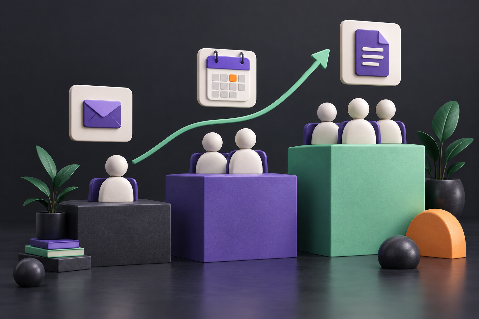 Google Workspace Pricing: Cost Calculator by Seats, Plan and Term 2 Team members on ascending platforms alongside email, calendar and document symbols.